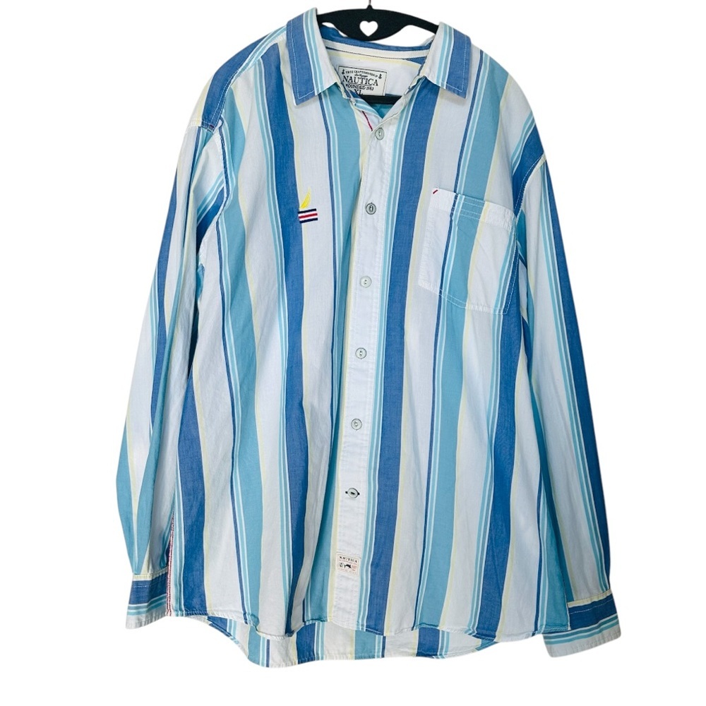 Vintage Nautica Mens XL Striped‎ Button Down Shirt Casual Sailing Beachy Coastal